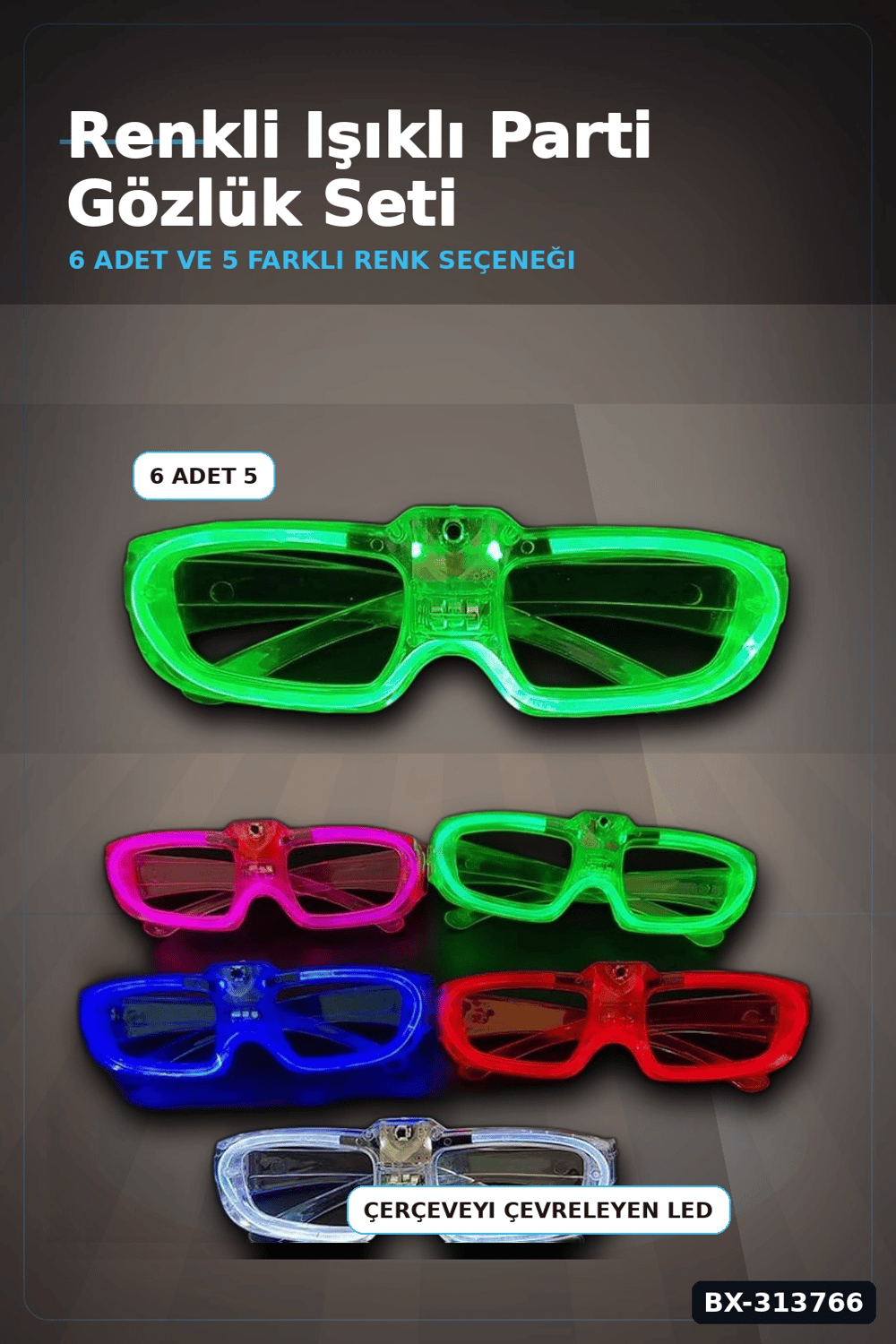 5 Renkli Pilli Led Işıklı Parti Gözlüğü 6 Adet Set - Glow Efektli Gece Aksesuarı BX-313766
