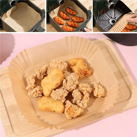 50 Adet Air Fryer Pişirme Kağıdı Tek Kullanımlık Yağ Geçirmez Yapışmaz Kare Tabak Model Pvc Bx40