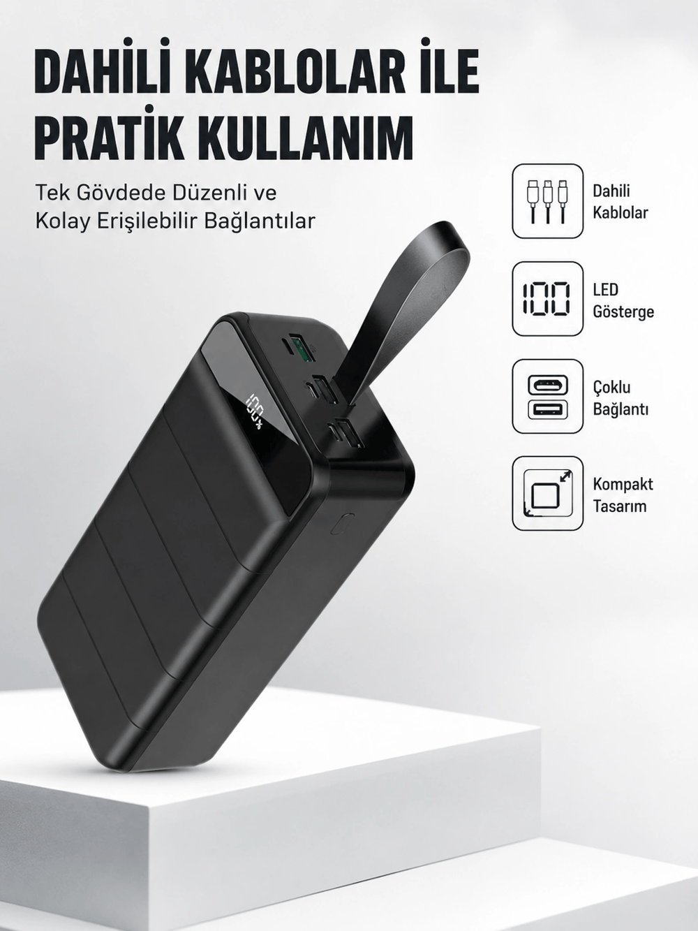 50.000 mAh Kapasiteli Powerbank – Hızlı Şarj Destekli, 4 USB Portlu, LED Işıklı Taşınabilir Enerji Deposu