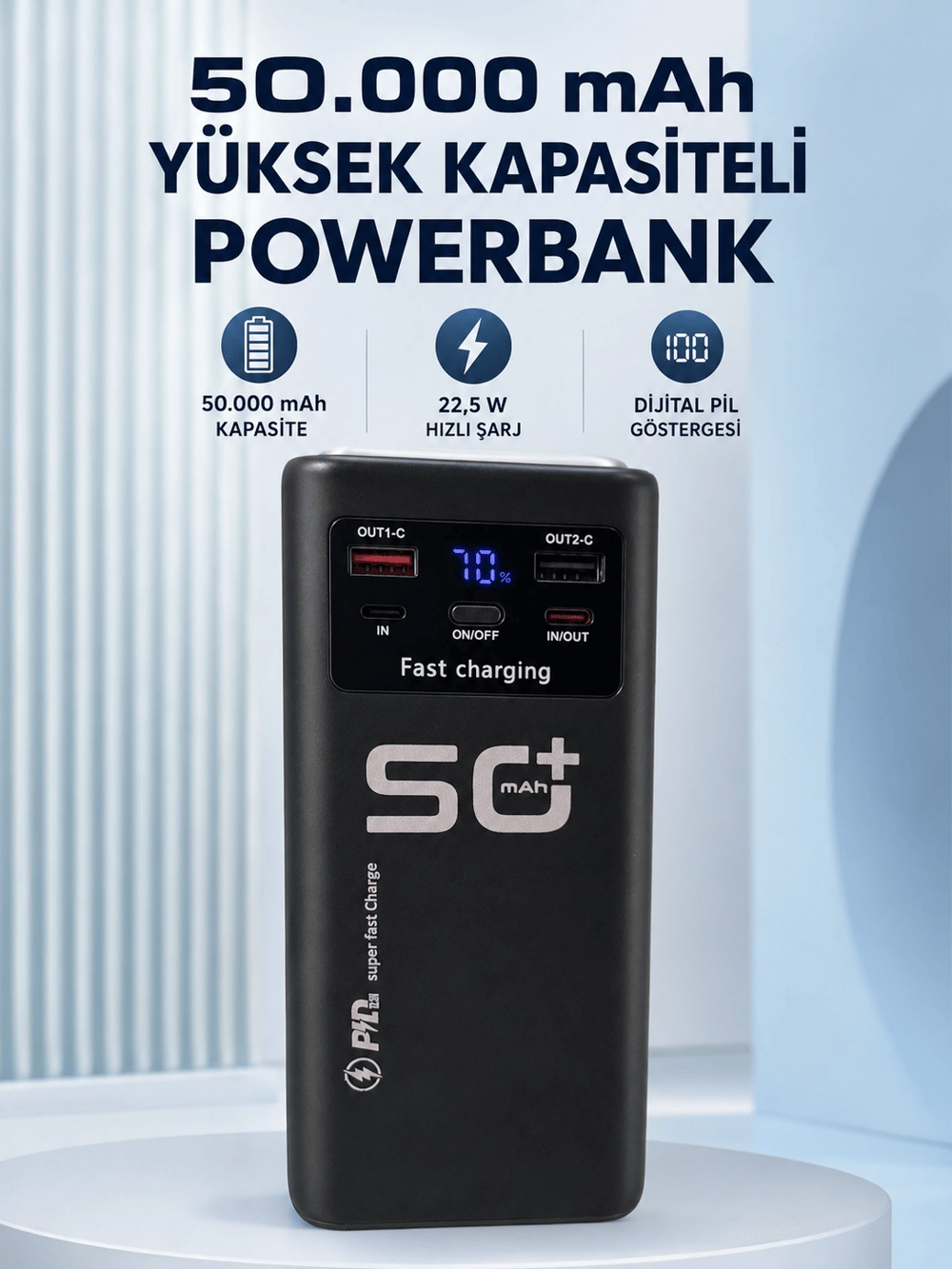 50.000 mAh Taşınabilir Powerbank 22,5 W Hızlı Şarj 4 Dahili Şarj Kablosu Dijital Ekran LED Aydınlatma ve Taşıma Sapı