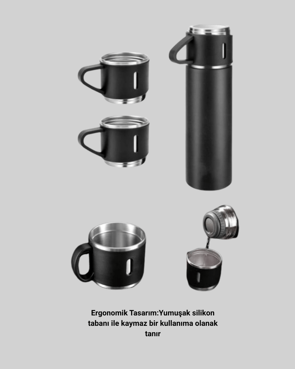 500 ml Isı Korumalı Çelik Termos ve Bardak Seti | Silikon Tabanlı, Şık ve Pratik