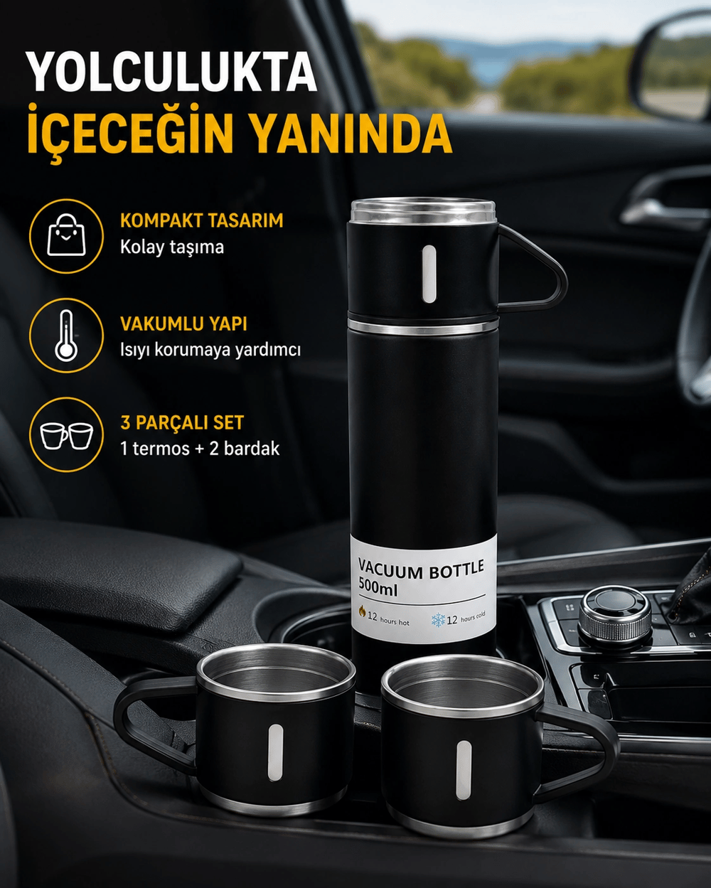 500 ml Paslanmaz Çelik Termos Seti – Sızdırmaz, Vakumlu, Isı Koruma Özellikli, Taşınabilir Termos