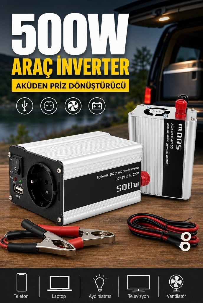 500W 12V DC 220V AC İnverter USB Çıkışlı Fanlı Akü Güç Dönüştürücü Araç Kullanımı