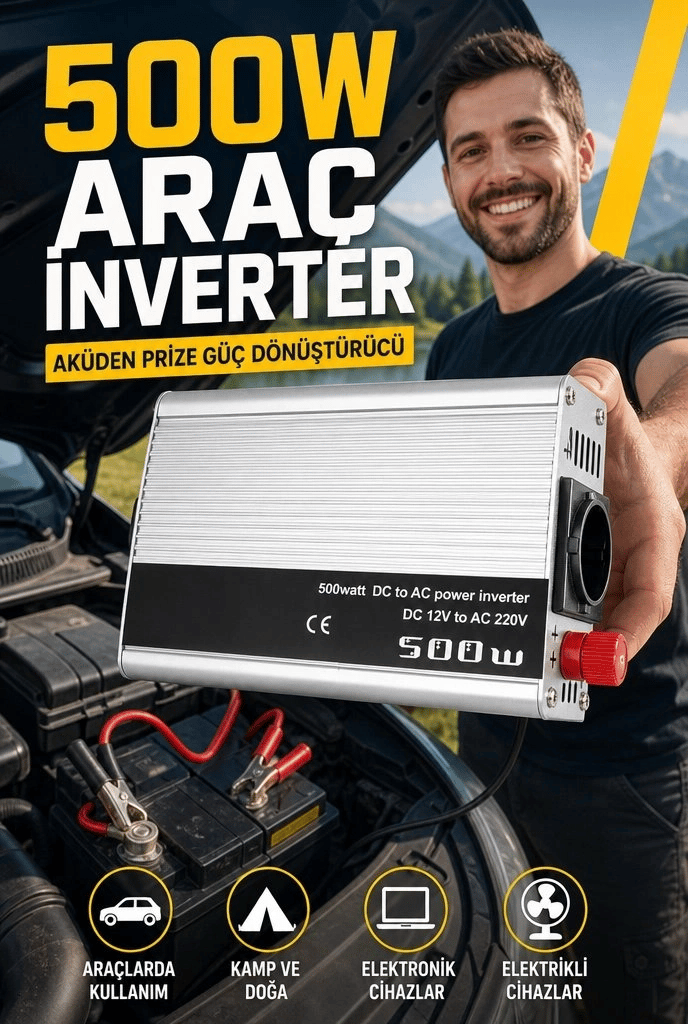 500W 12V DC 220V AC İnverter USB Çıkışlı Fanlı Akü Güç Dönüştürücü Araç Kullanımı