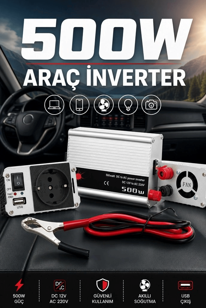 500W 12V DC 220V AC İnverter USB Çıkışlı Fanlı Akü Güç Dönüştürücü Araç Kullanımı