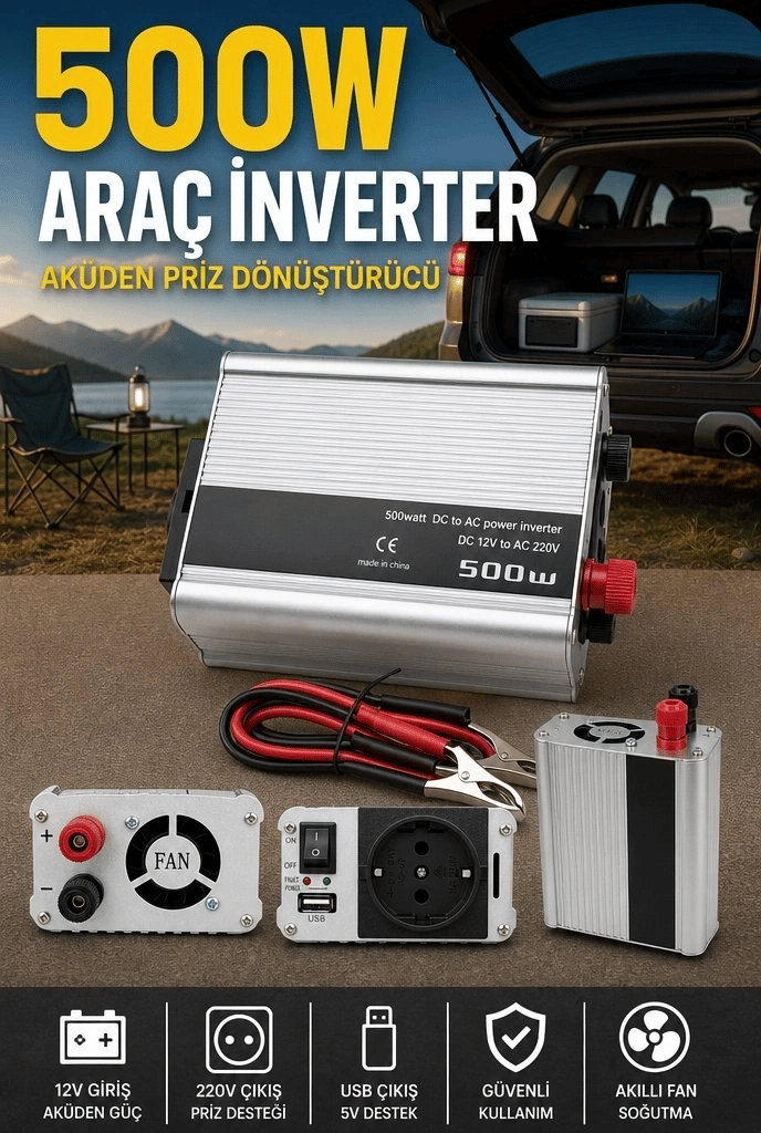 500W Fanlı Akü İnverteri 12V DC Giriş 220V AC Çıkış USB Portlu Taşınabilir Araç Kullanımı