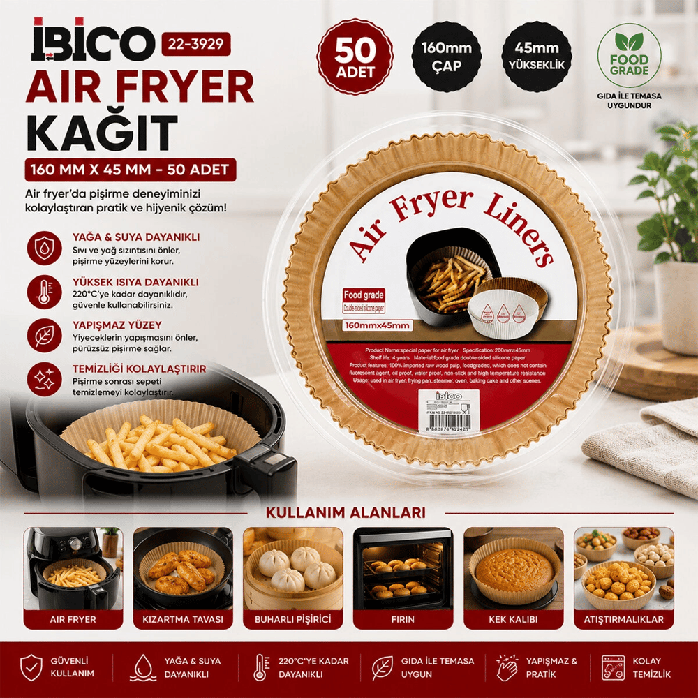 50pcs Yuvarlak Taban: 16cm - Kenar: 4.5cm Air Fryer Pişirme Kalıp Kağıt Bx40