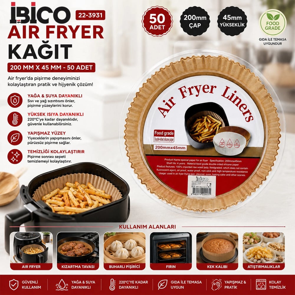 50pcs Yuvarlak Taban: 20cm - Kenar: 4.5cm Air Fryer Pişirme Kalıp Kağıt Bx40