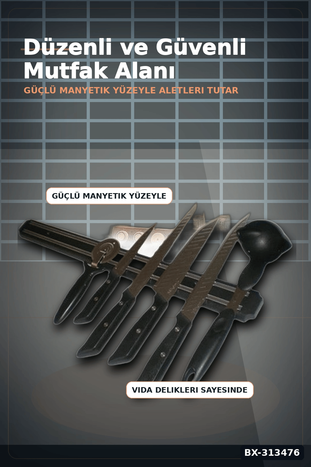 55 Cm Manyetik Bıçak Tutucu - Duvara Monte Çelik Şerit, Mutfak Bıçak Askısı BX-313476