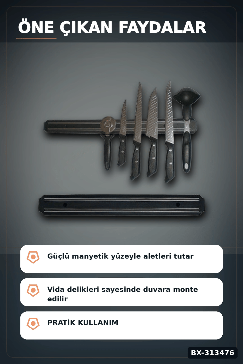 55 Cm Manyetik Bıçak Tutucu - Duvara Monte Çelik Şerit, Mutfak Bıçak Askısı BX-313476