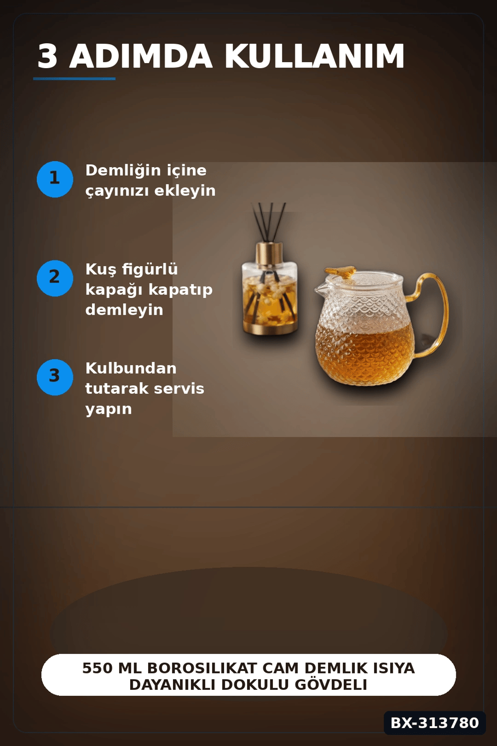 550 Ml Borosilikat Cam Demlik Isıya Dayanıklı Dokulu Gövdeli Kapaklı Detay BX-313780