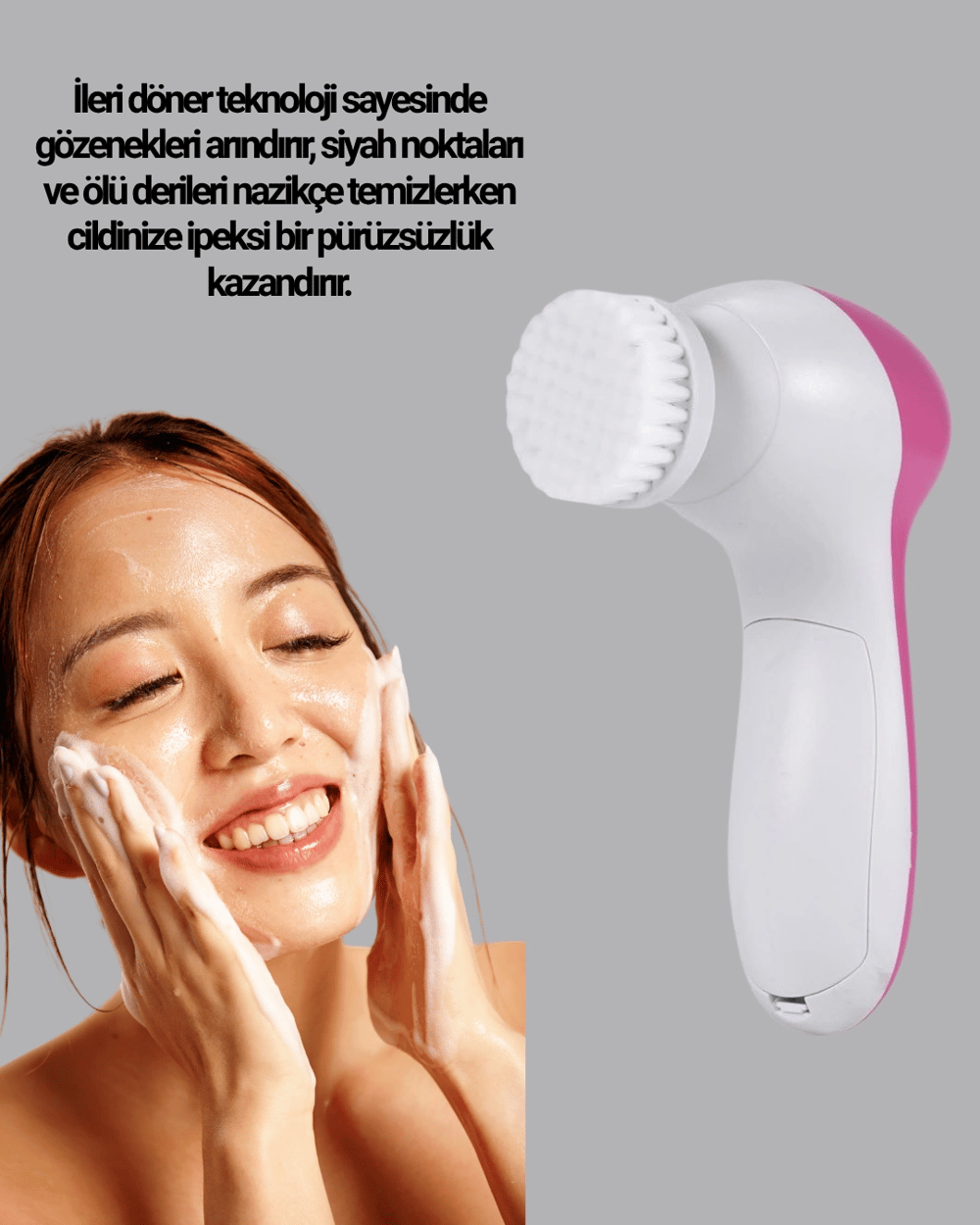5’i 1 Arada Yüz Temizleme Cihazı – Masaj, Fırça, Peeling ve Krem Uygulama Aparatlı