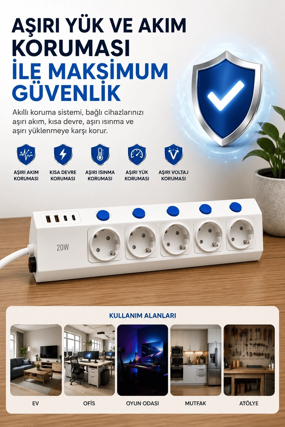 5’li Akım Korumalı Çoklu Priz 2 Metre Kablolu 3680w 16a 5 Anahtarlı 2usb-a 2 Usb-c Pd 20w Hızlı Ftr-28