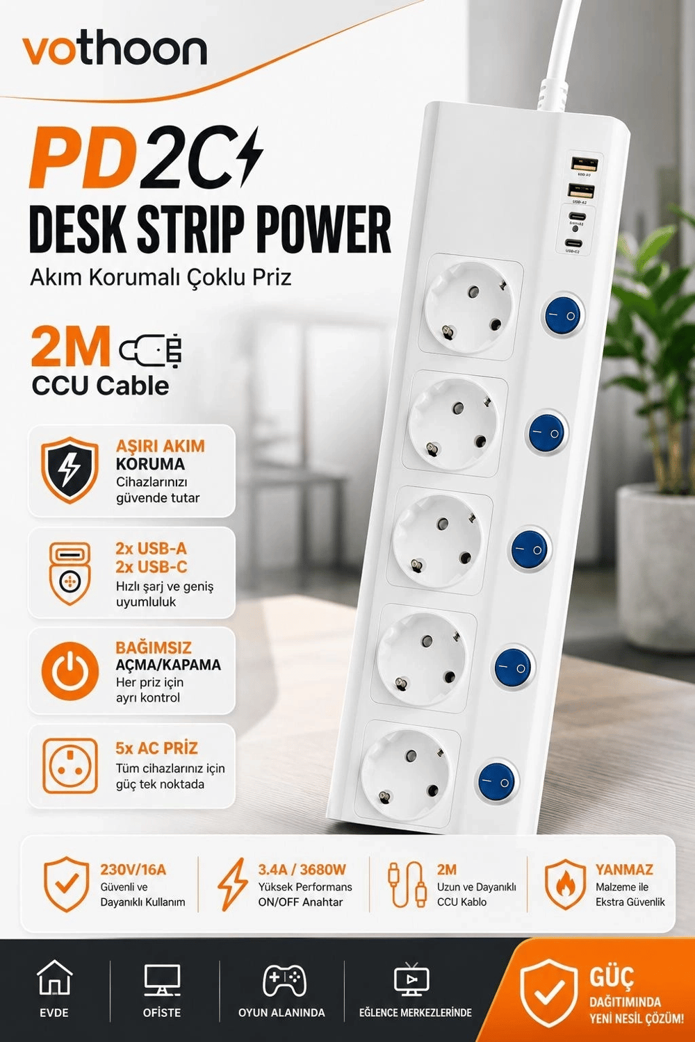 5’li Akım Korumalı Çoklu Priz 2 Metre Kablolu 3680w 16a 5 Anahtarlı 2usb-a 2 Usb-c Pd 20w Hızlı Ftr-28