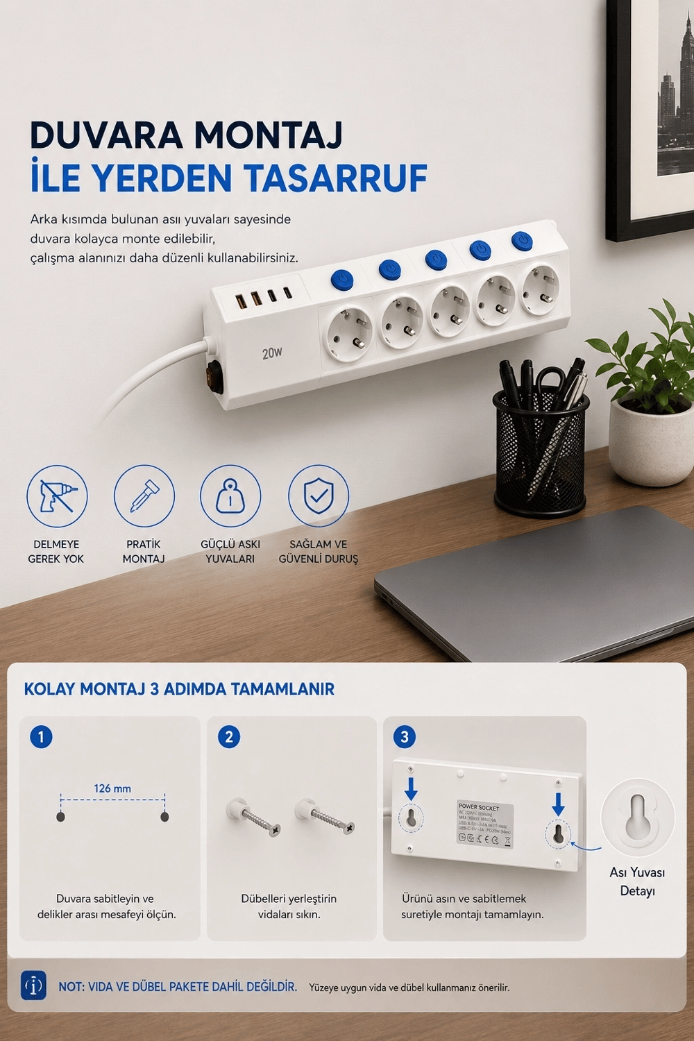 5’li Akım Korumalı Çoklu Priz 2 Metre Kablolu 3680w 16a 5 Anahtarlı 2usb-a 2 Usb-c Pd 20w Hızlı Ftr-28