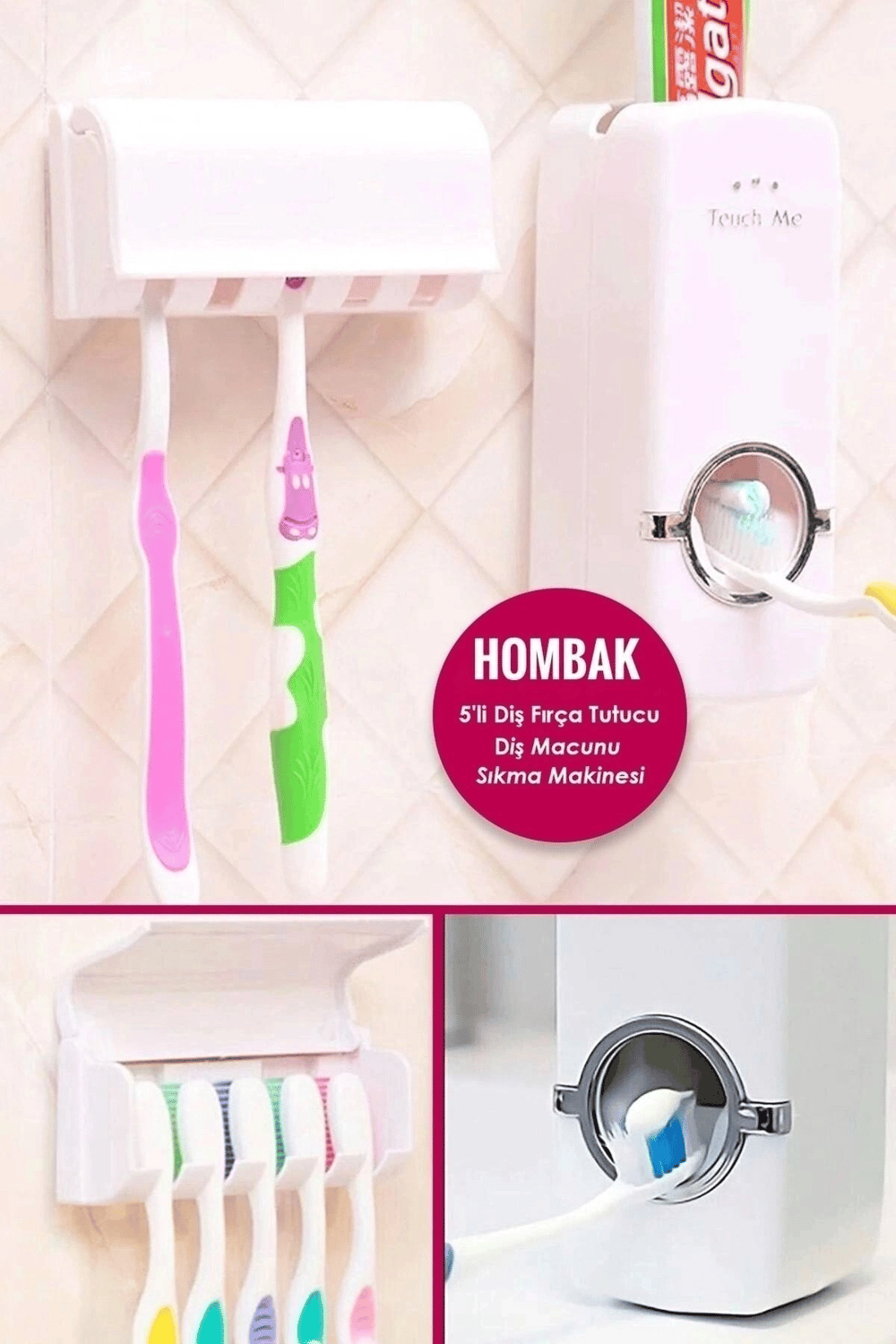 5li Diş Fırçalık Macun Sıkıcı Seti Duvara Monte Beyaz Hijyenik Pratik Organizer