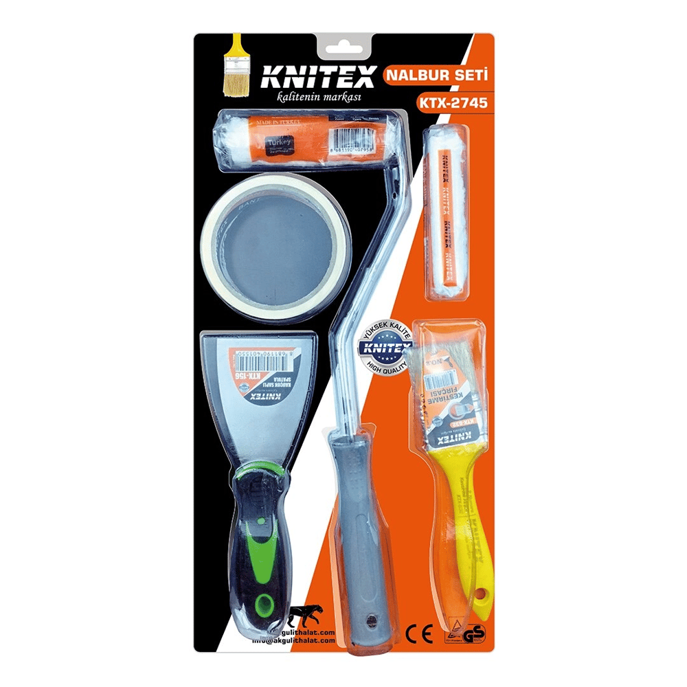 5pcs  Boyacı - Nalbur Set  Spatula - Kestirme Fırça - Yedek Rulo - Bant - 10cm Fırça Bx40