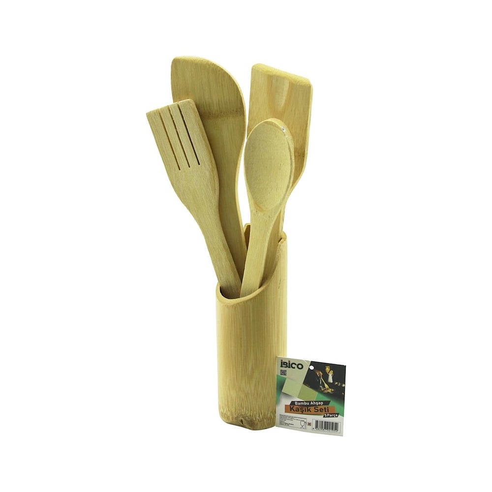 5pcs Ahşap Bambu Mutfak Seti Stand - Kaşık - Çatal - 2 Spatula Fileli Bx40