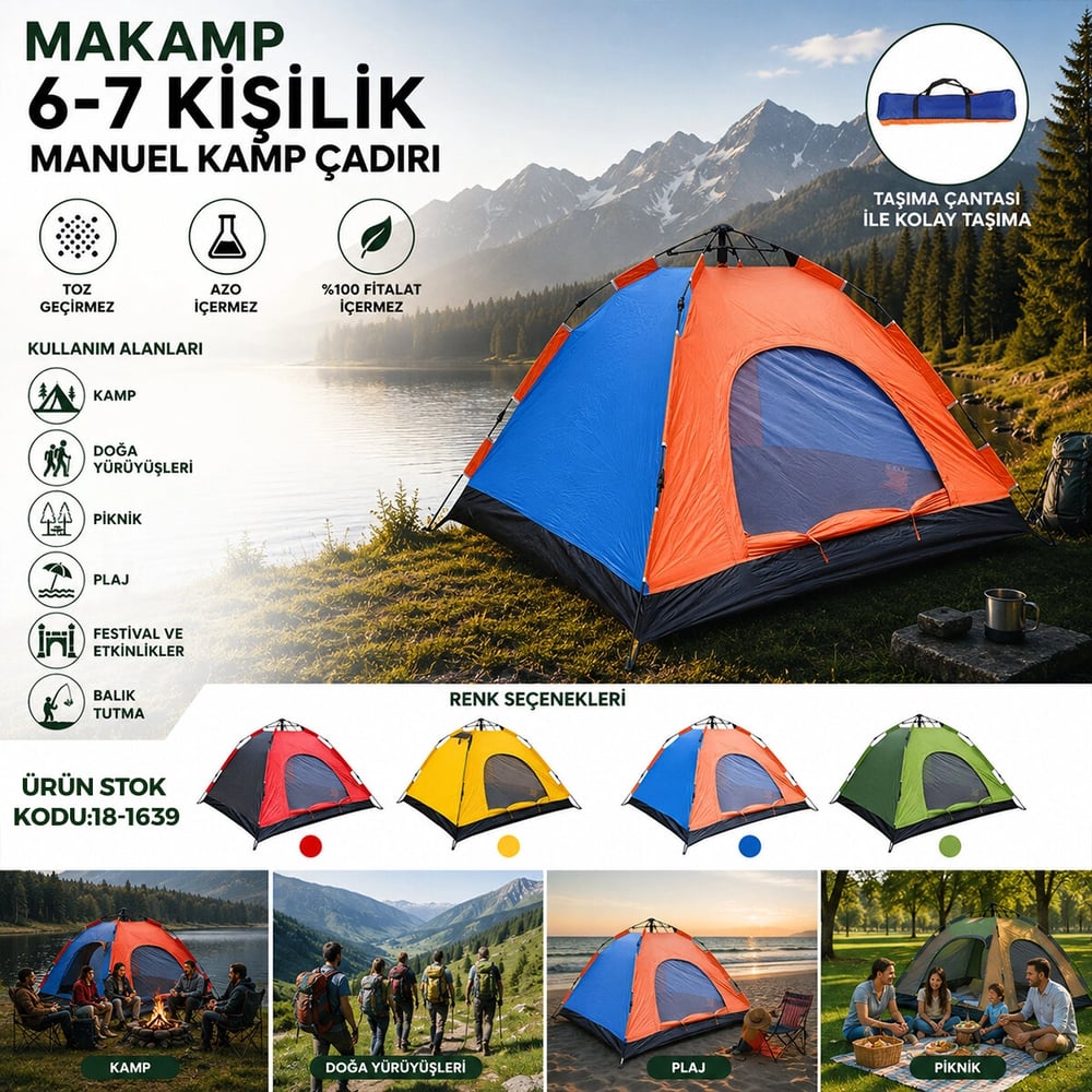 6-7 Kişilik Toz Geçirmez 220cmx250cmx150cm Manuel Kamp Çadır Herhangi Bir Renk Gönderilir Bx40