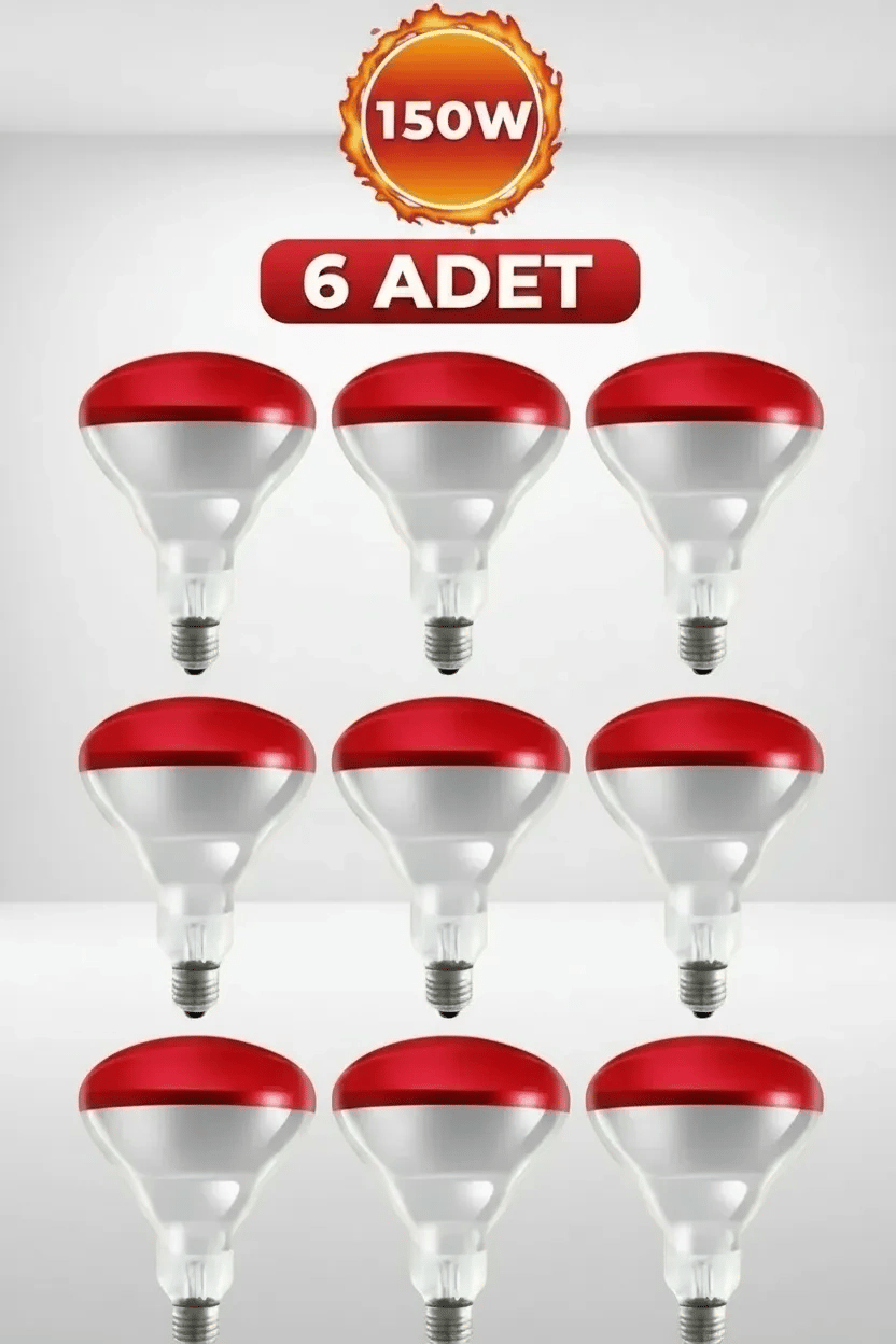 (6 Adet) 150W Kızılötesi Isıtıcılı Hayvan Isıtma ve Kuluçka Lambası (Kırmızı Işık) E27 (Kalın Duy)