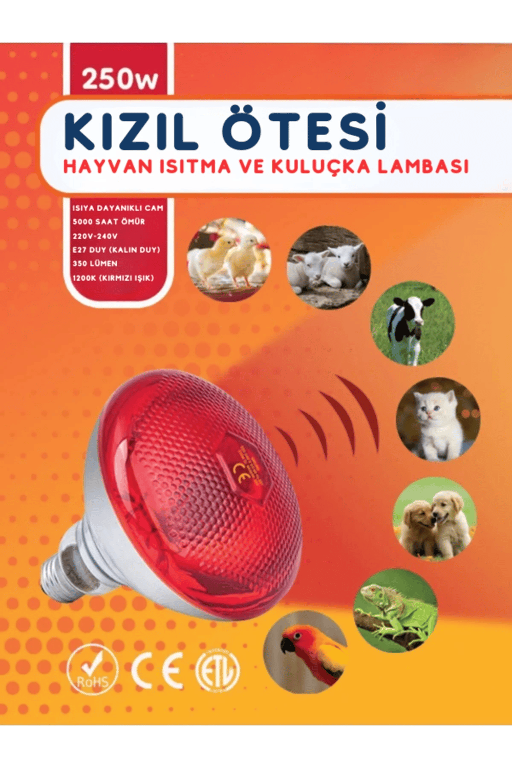 (6 Adet) 250W Kızılötesi Isıtıcılı Hayvan Isıtma ve Kuluçka Lambası (Kırmızı Işık) E27 (Kalın Duy)