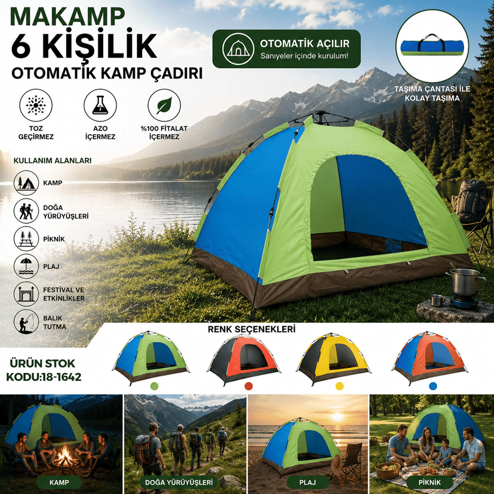 6 Kişilik Toz Geçirmez 220cmx250cmx165cm Otomatik Kamp Çadır Herhangi Bir Renk Gönderilir Bx40