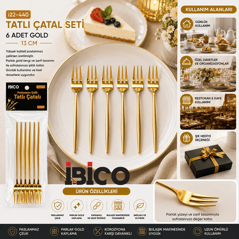 60 Parça Gold Tatlı Çatal Seti 13cm - 1 Paket İçinde 6 Adet Vardır - 10 Paket Gönderilir Bx40
