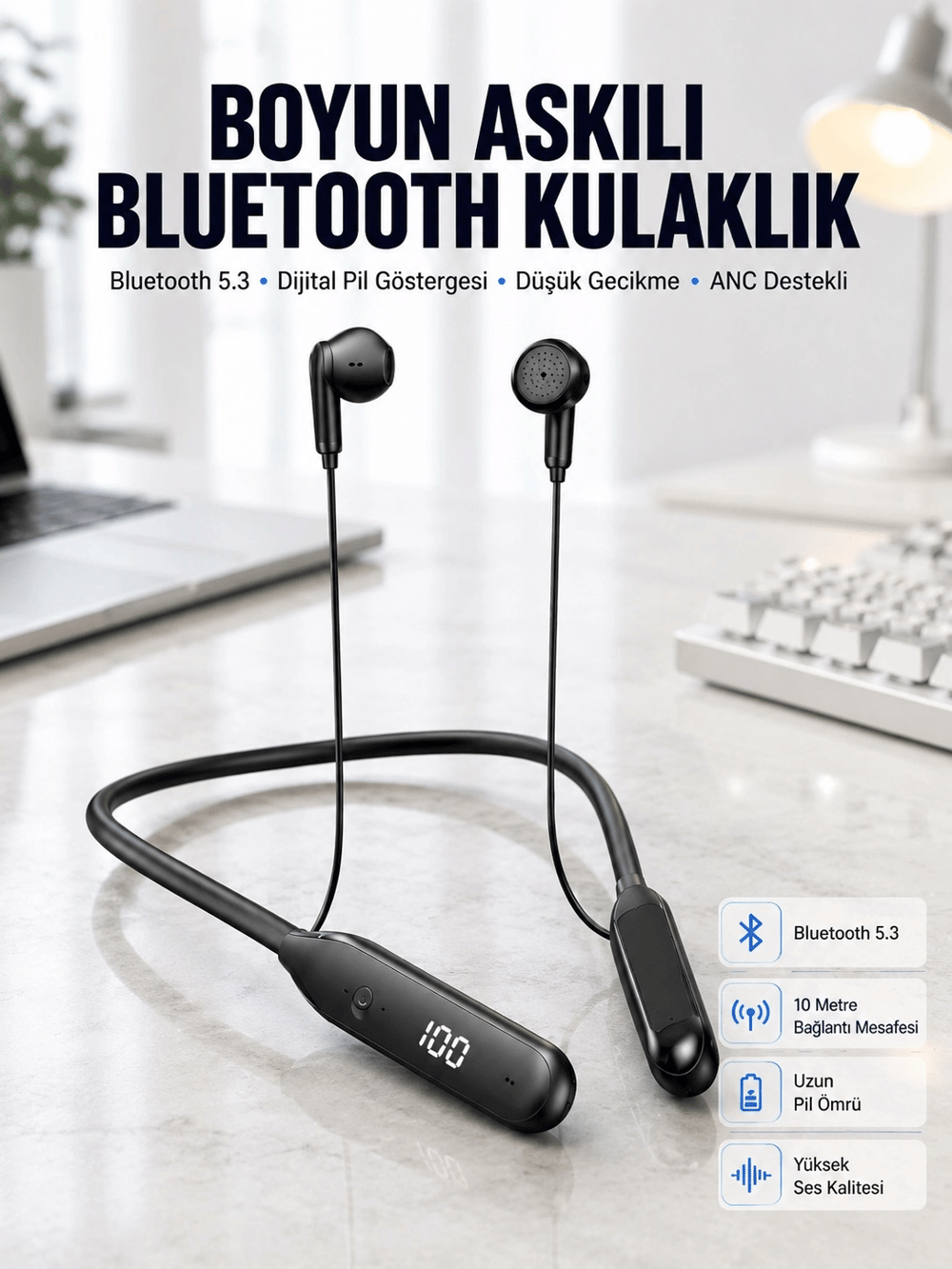 60 Saat Kablolu Boyun Askılı Dijital Göstergeli Bluetooth Kulaklığı Yeni Nesil