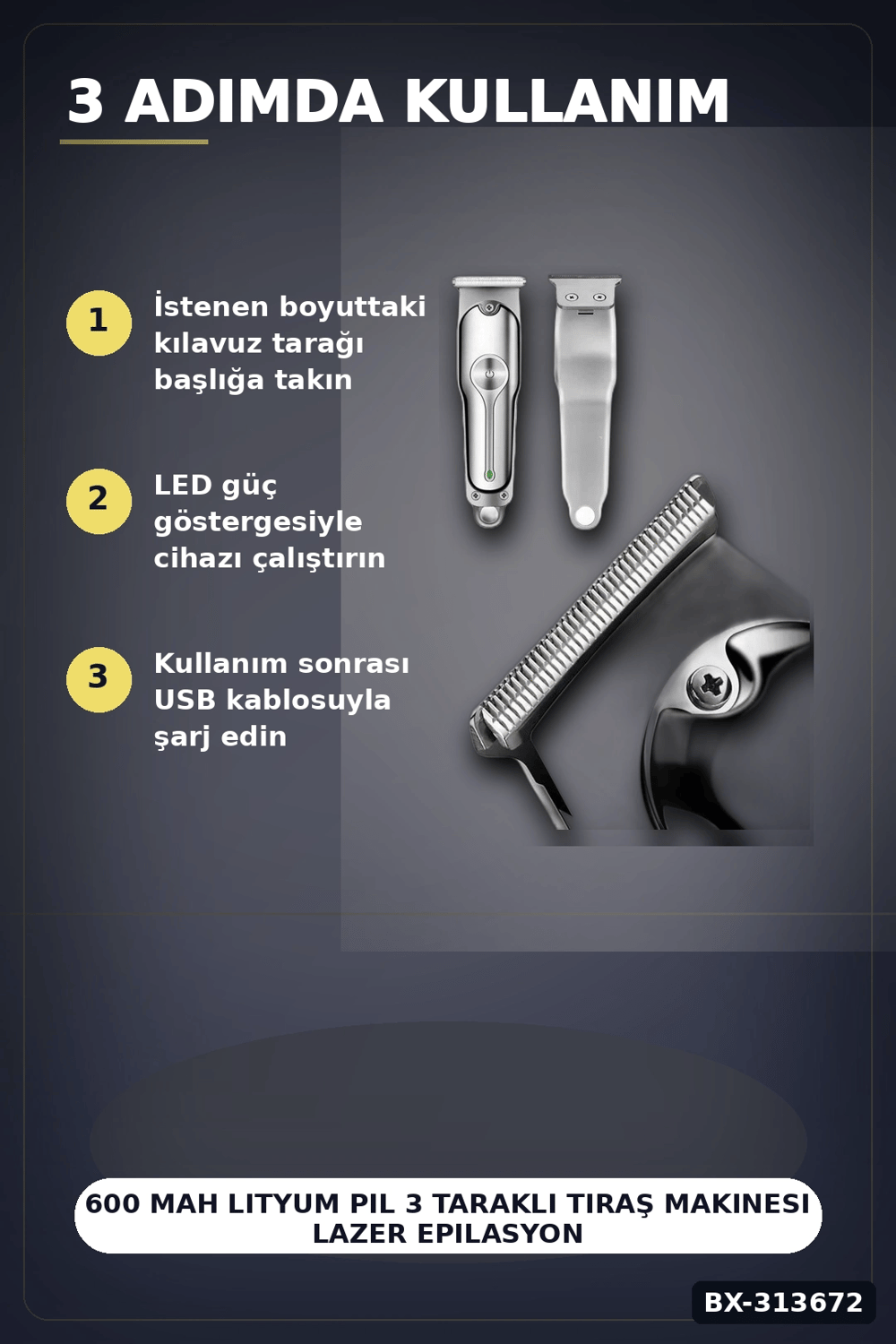 600 Mah Lityum Pil 3 Taraklı Tıraş Makinesi Lazer Epilasyon Öncesi Kısaltma BX-313672
