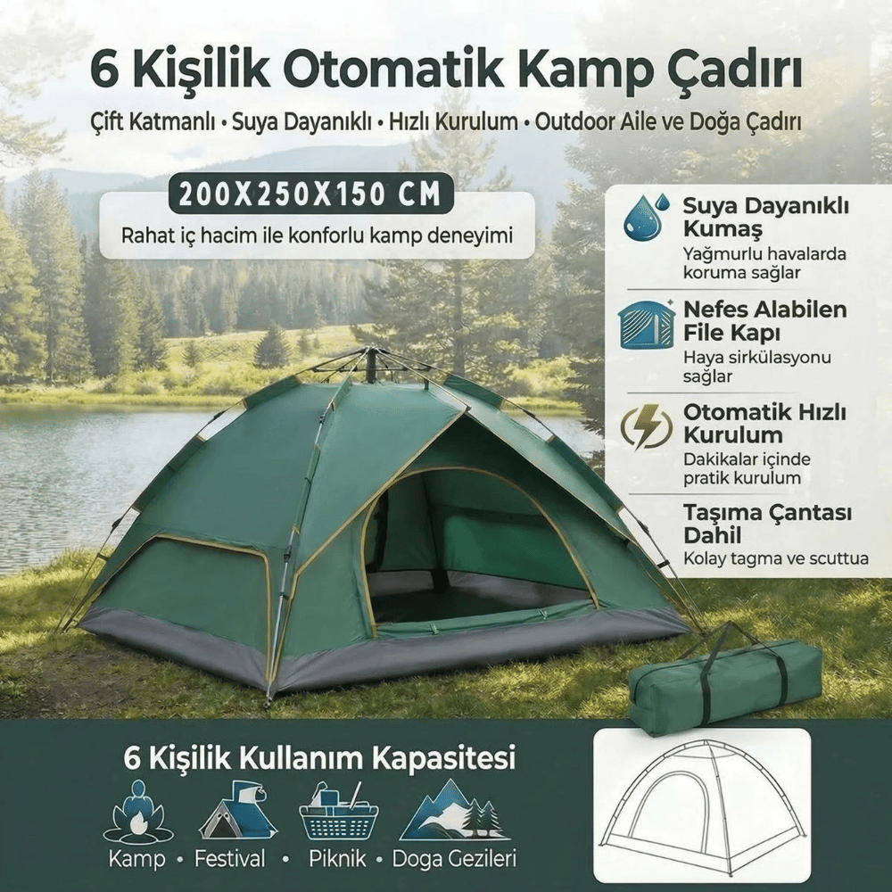 6 kişilik Otomatik Kamp Çadırı – Çift Katmanlı, Suya Dayanıklı, Hızlı Kurulum Outdoor Aile Ve Doğa Çadırı 200x250x150 Cm Bx40