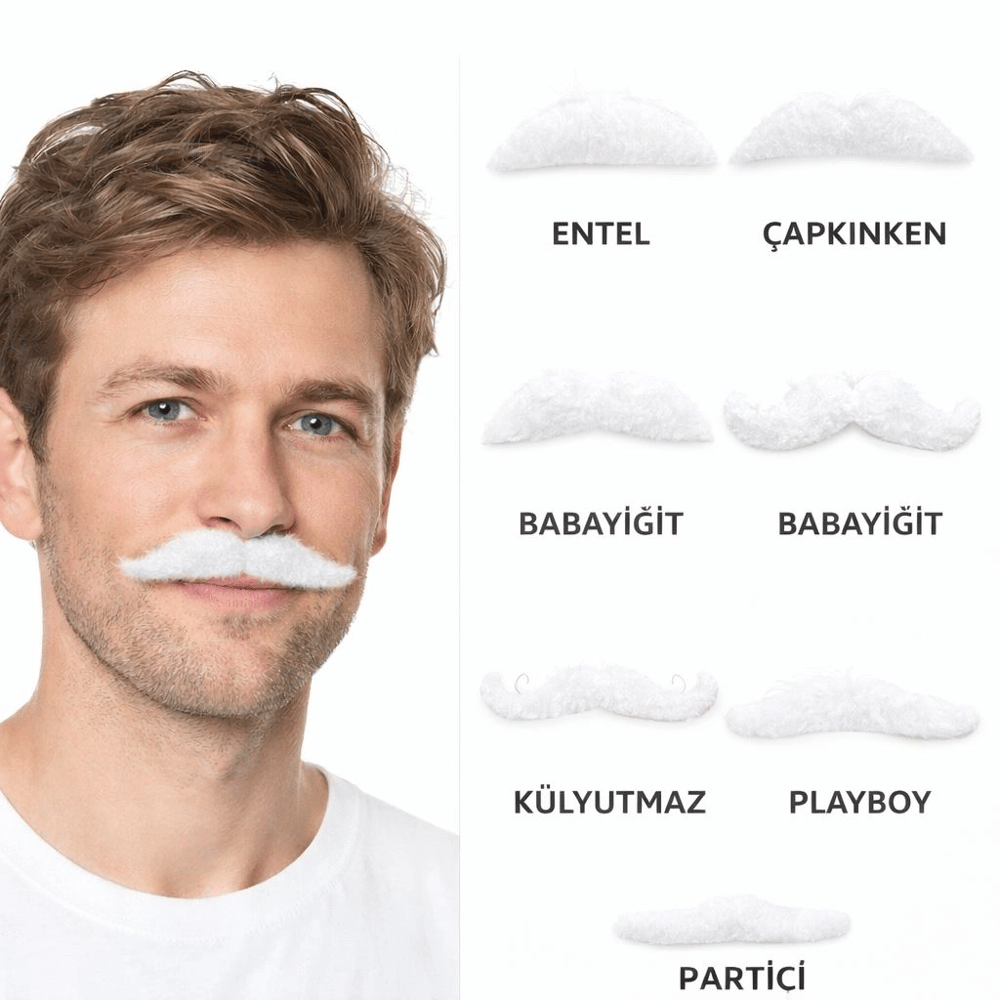 6’lı Yapışkanlı Beyaz Parti Bıyık Seti – Farklı Modeller