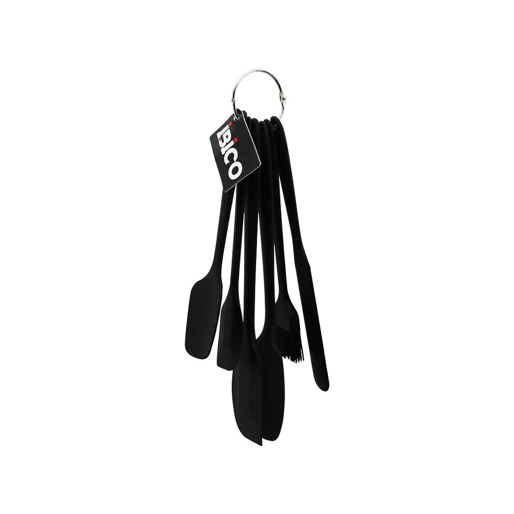 6pcs  Silikon - Siyah Mutfak Seti 2 Kaşık - 3 Spatula - Yumurta Fırça  Metal Asma Halkalı Bx40