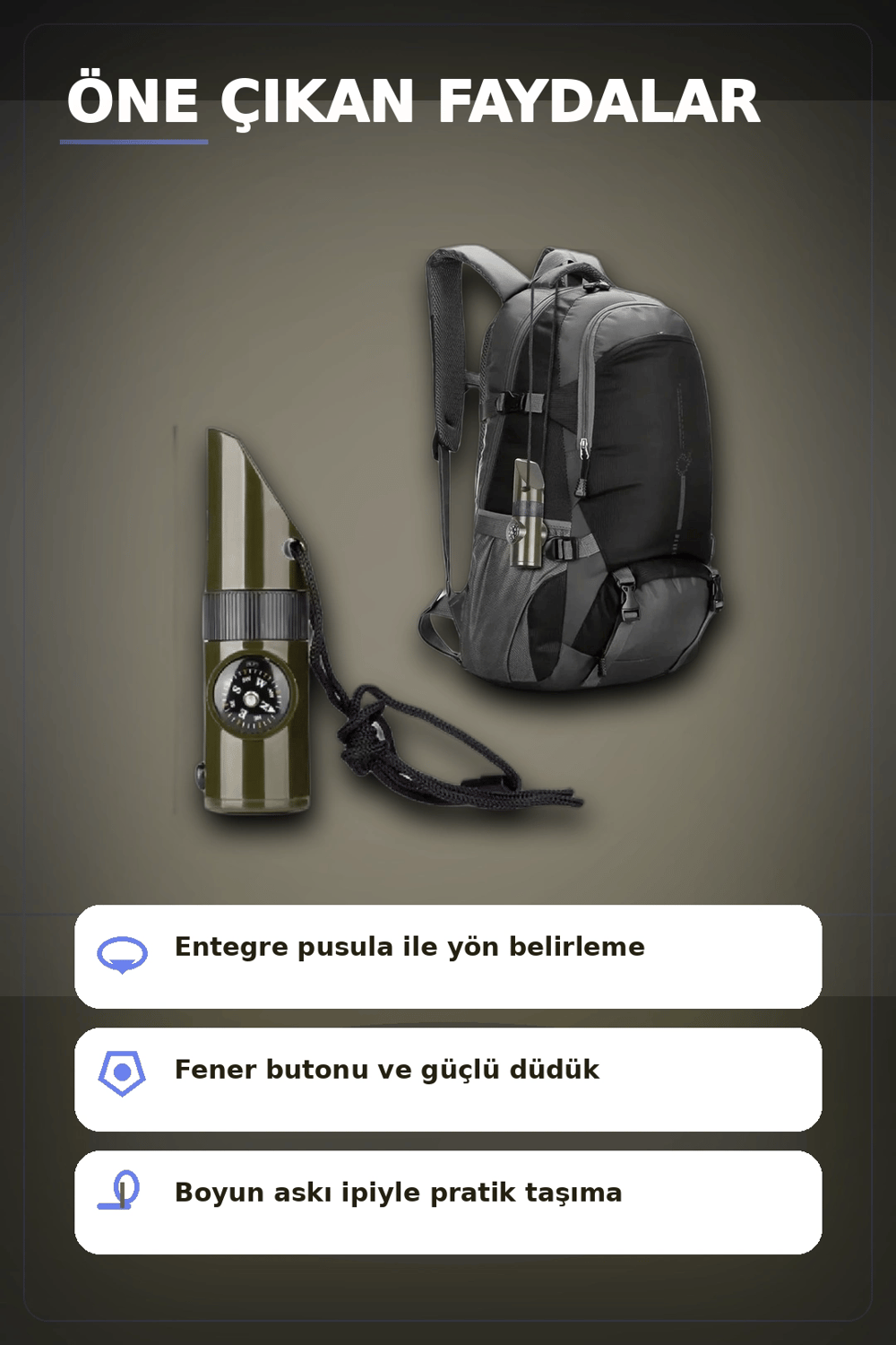 7 Fonksiyonlu Acil Durum Düdüğü El Feneri Pusula Termometre Kampçı Düdüğü 1 Adet BX-313448