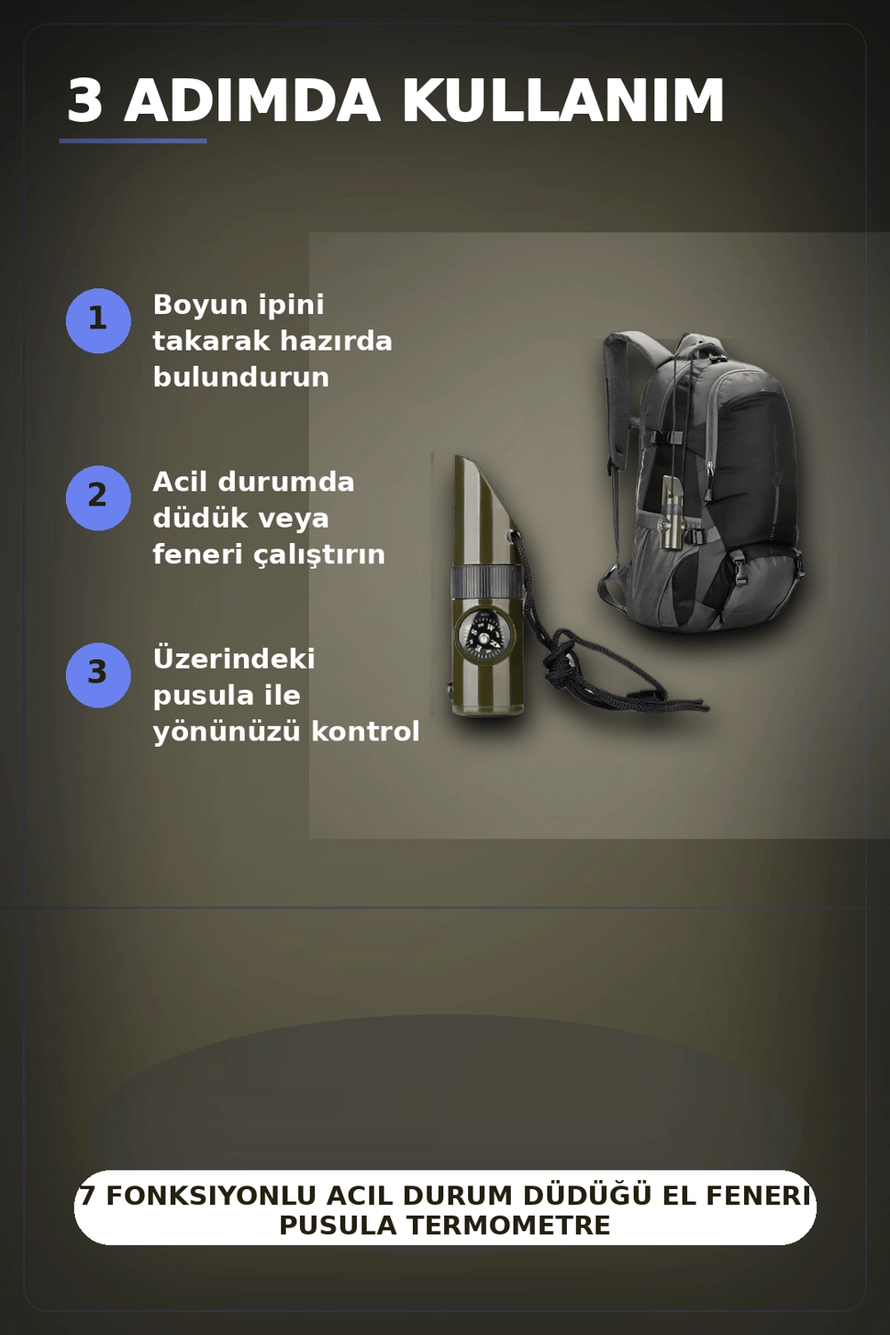 7 Fonksiyonlu Acil Durum Düdüğü El Feneri Pusula Termometre Kampçı Düdüğü 1 Adet BX-313448
