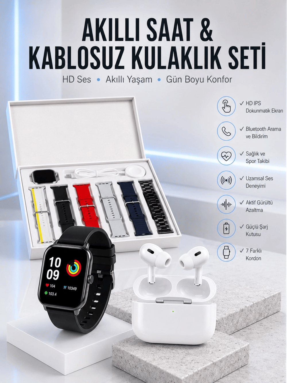 7 Kordonlu Akıllı Saat Ve Yeni Nesil Kulaklık Dokunmatik Ekran Android ve İOS Uyumlu