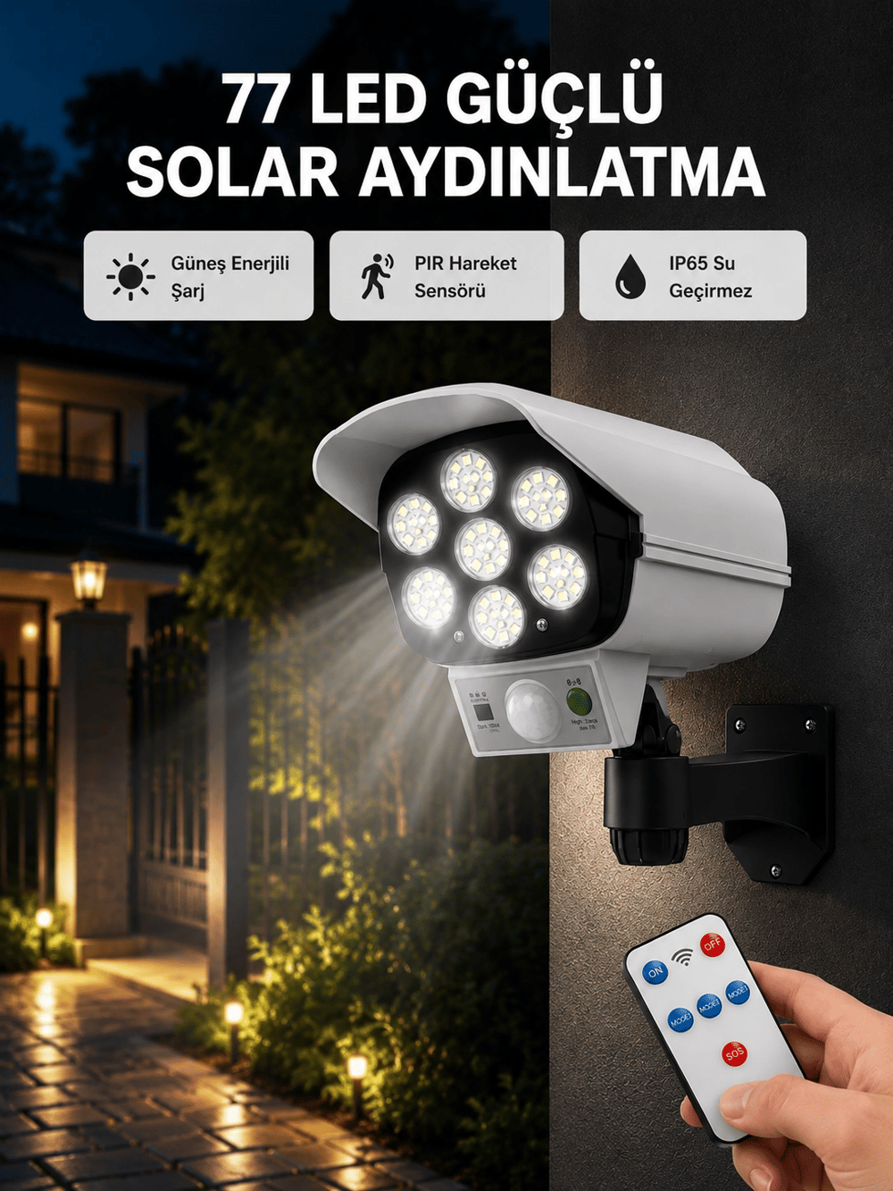 77 LEDli Güneş Enerjili Güvenlik Lambası ve Kukla Kamera – Hareket Sensörlü, 2400mAh Pilli