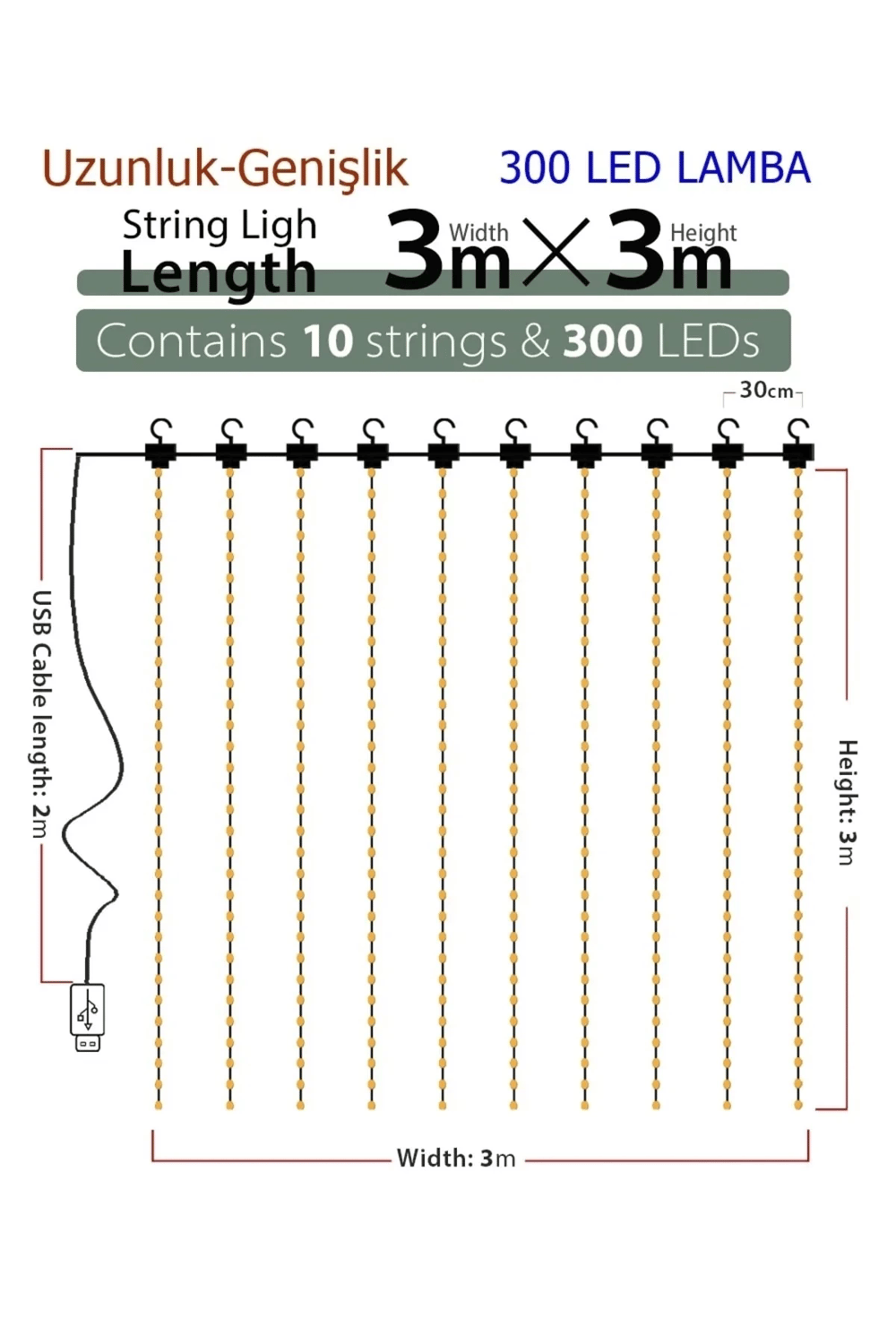 8 Fonksiyonlu Peri Perde Led Uzaktan Kumandalı Günışığı Perde Peri Led (3 mt x 3 mt)