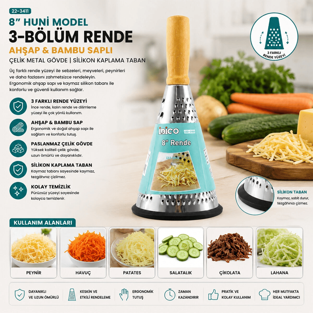 8 İnç - Huni Model   Ahşap - Bambu Saplı  Metal Rende  Silikon Tabanlı Bx40