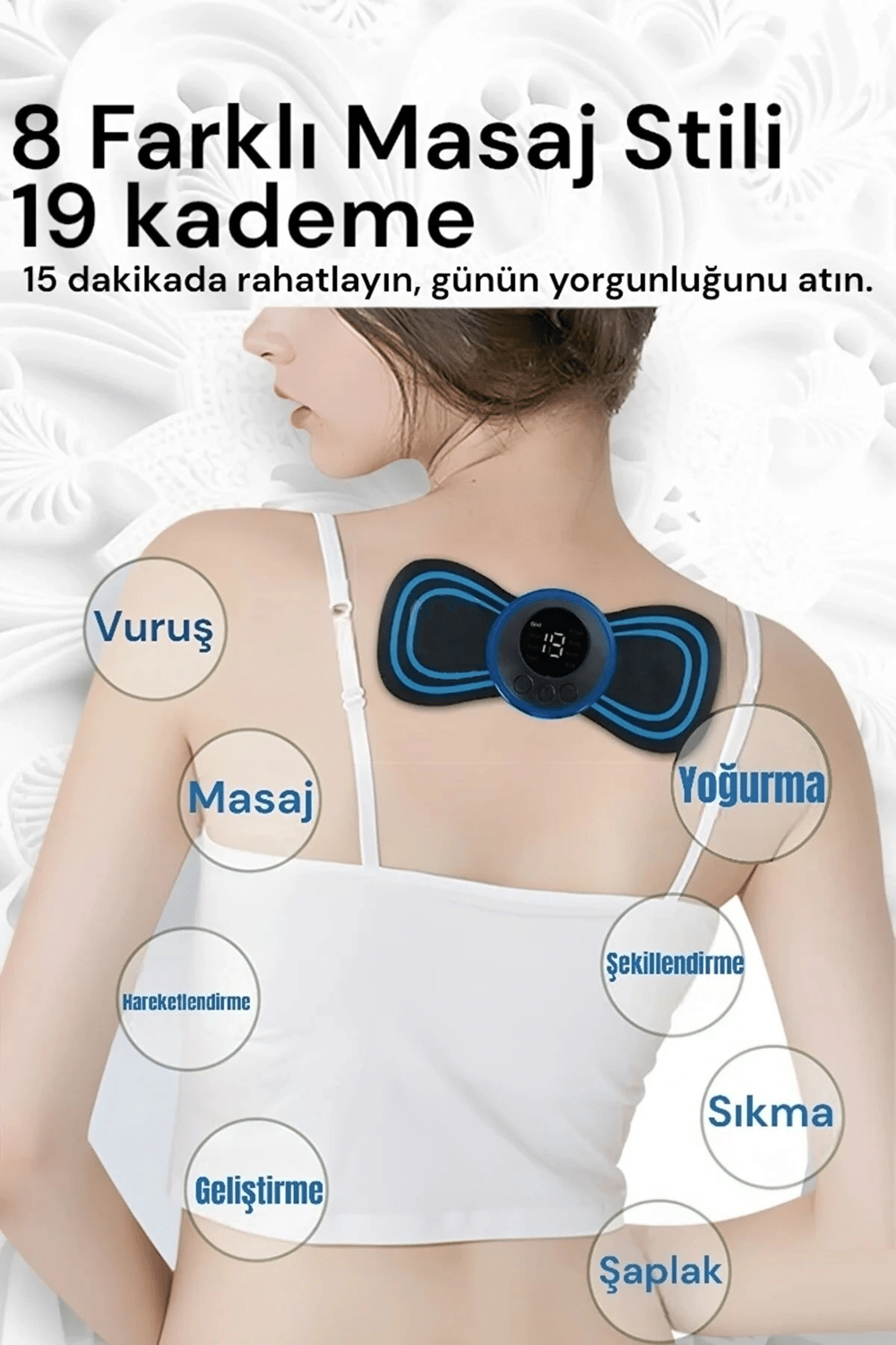 8 Modlu Mini Şarjlı Kelebek LCD Ekran Ems Boyun Omuz Kol Sırt Elektrikli Masaj Bantı Kas Stimülatörü
