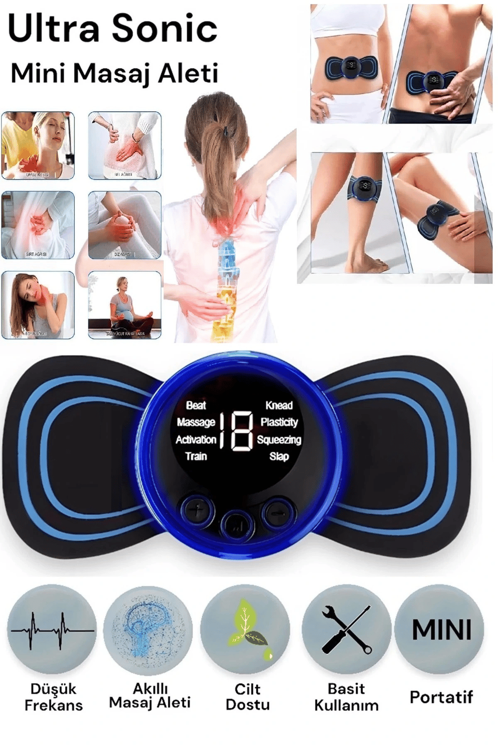 8 Modlu Mini Şarjlı Kelebek LCD Ekran Ems Boyun Omuz Kol Sırt Elektrikli Masaj Bantı Kas Stimülatörü