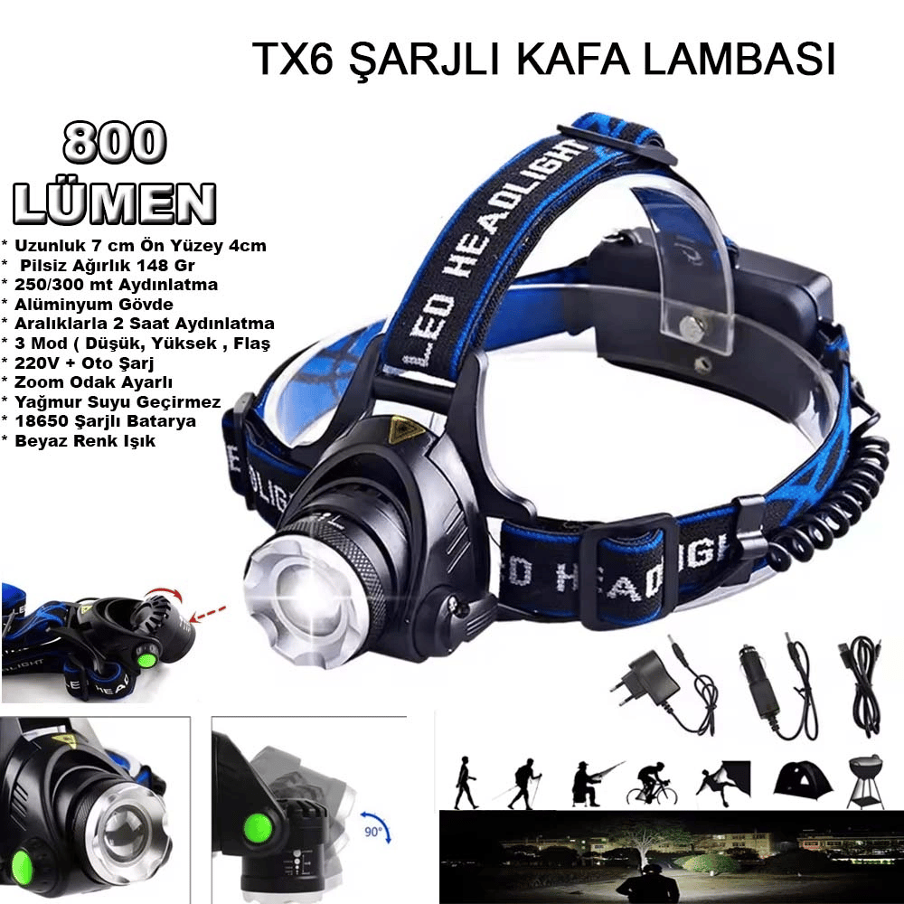 800 Lümen Tx6 Şarjlı Zoomlu Kafa Feneri Wt-120