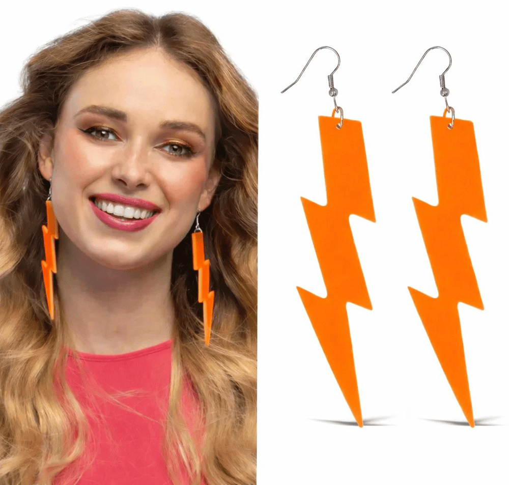 80’ler 90'lar Retro Neon Turuncu Şimşek Küpe 10 Cm