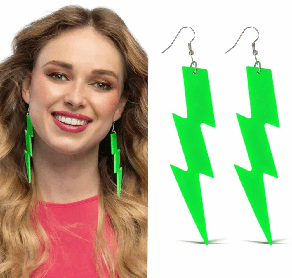 80’ler 90'lar Retro Neon Yeşil Şimşek Küpe 10 Cm
