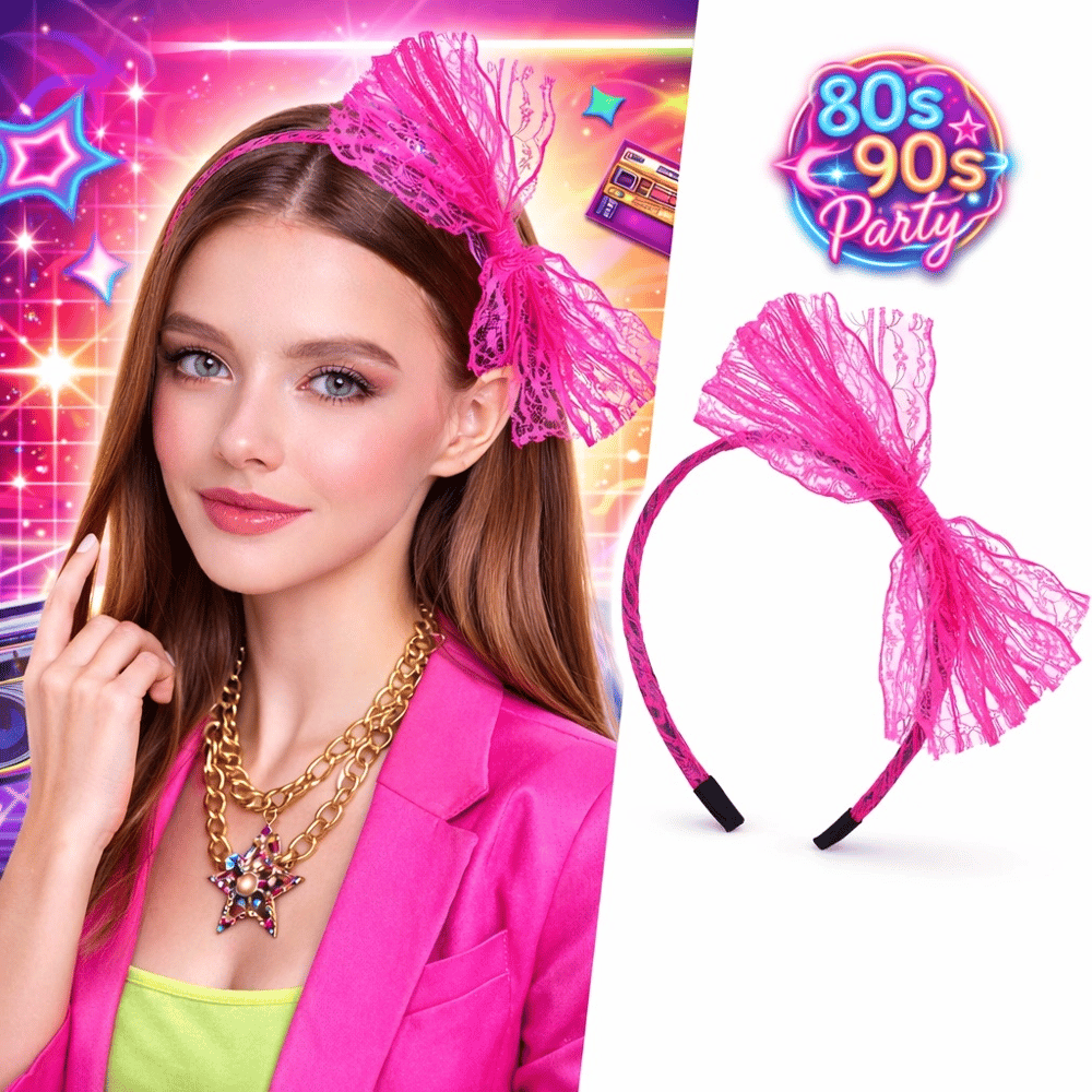 80’ler 90’lar Neon Pembe Dantel Taç Fiyonklu Bx40
