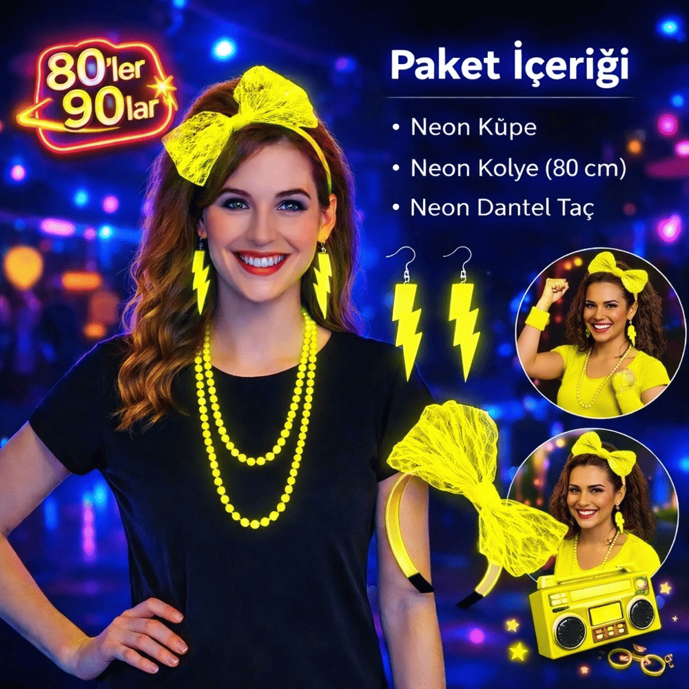 80’ler 90’lar Neon Sarı Parti Seti – Kolye Küpe Taç