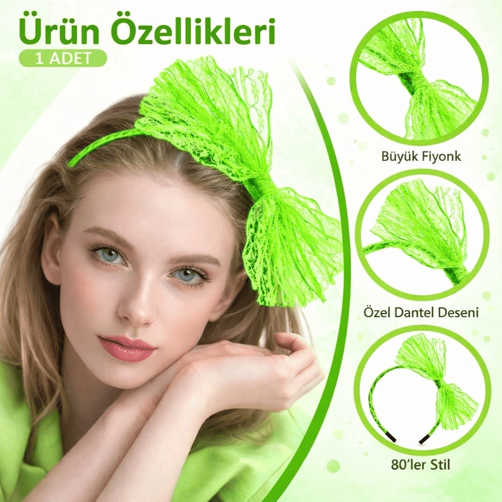 80’ler 90’lar Neon Yeşil Dantel Taç Fiyonklu
