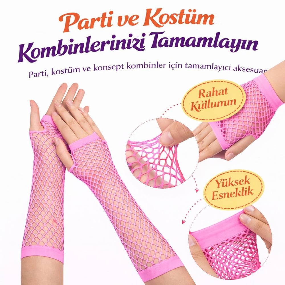 80’ler 90’lar Retro Neon Pembe File Parmaksız Eldiven 26 cm (3936)