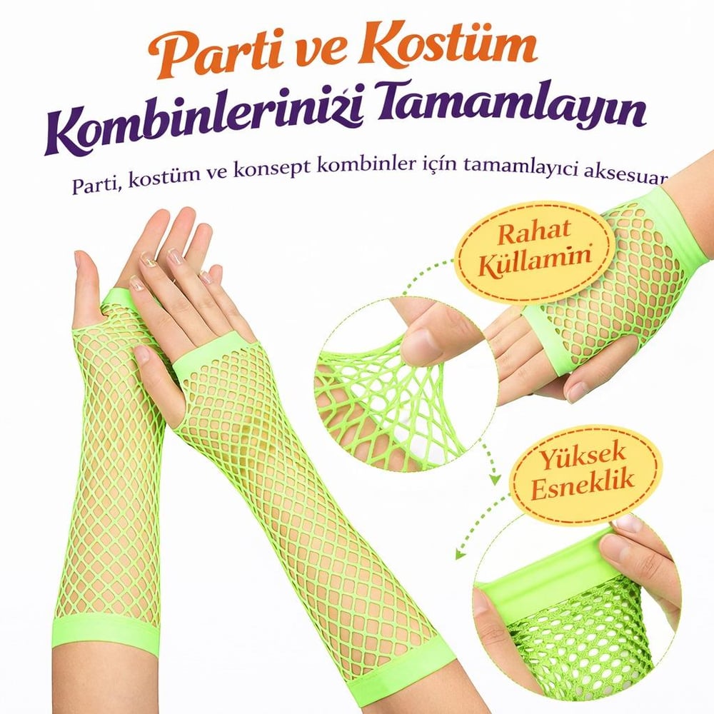 80’ler 90’lar Retro Neon Yeşil File Parmaksız Eldiven 26 cm (3936)