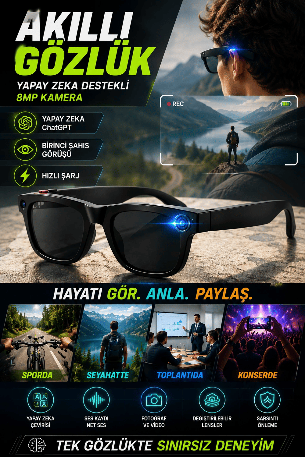 8MP Kameralı ChatGPT Destekli Akıllı Gözlük Yapay Zeka Çeviri ve Ses Kayıt Özellikli