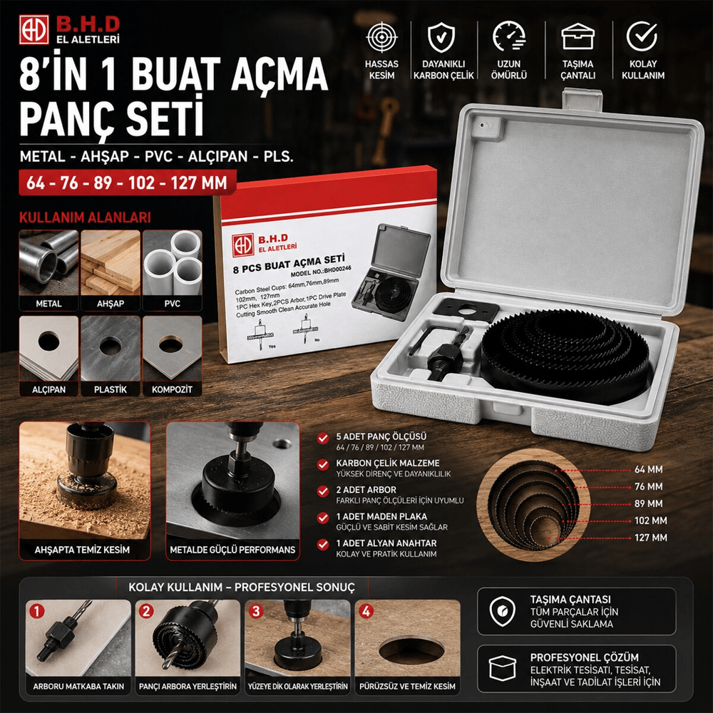 8in1 Buat Açma Panç Seti Metal - Ahşap - Pvc - Alçıpan - Pls. 64-73-89-102-127mm Ktx-3243 Bx40